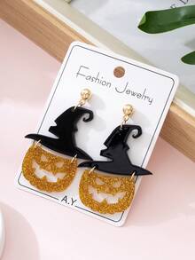 1 Pair Halloween Shiny Witch Hat & Pumpkin Design Women's Fashion Earrings, Suitable For Parties, Gatherings And Holiday Decoration Wear - Multicolor - View 2