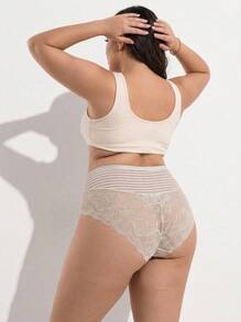 Rosiemei 1pc Red & White Thin Striped Lace Patchwork Wide Waistband Mid-Waist Triangle Panties Energetic Style, Comfortable & Breathable - Multicolor - View 3