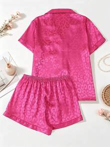 2pcs Satin Pajama Set For Women, Leopard Print Short Sleeve Collared Top And Bow Shorts, Soft Satin Loungewear Sleepwear For Spring/Summer - Hot Pink - View 2