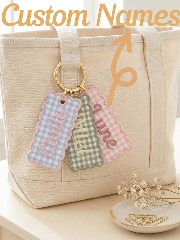 Personalized Embroidered Gingham Name Bag Charm, Custom Keychain, Preppy Backpack Tag,Bag Charm,School Bag Tag,Lunchbox Charm,Embroidered Keychain