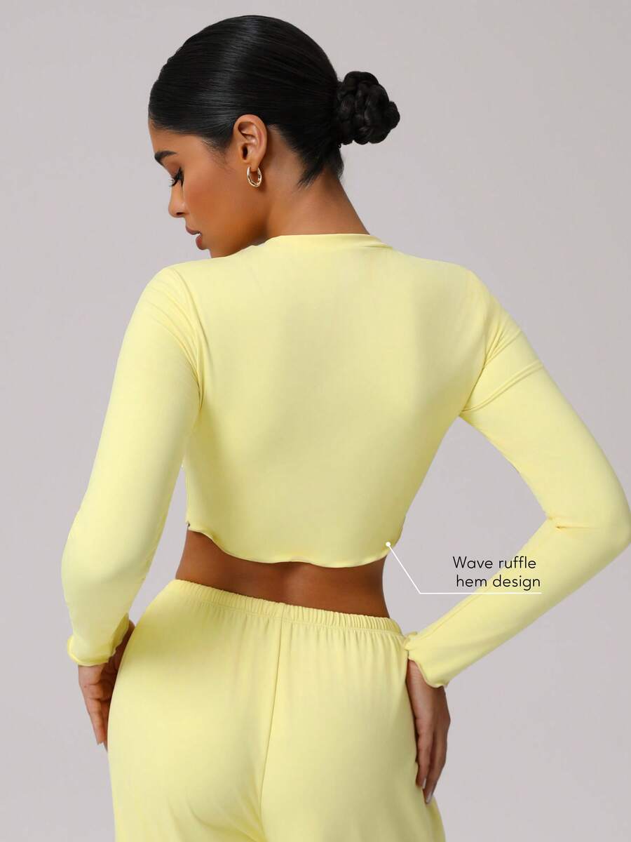 Sodalemon Women's Long Sleeve Fitness Sports T-Shirt, Round Neck Solid Color Running Yoga Cropped Top, Ruffle Hem, Pilates Workout Apparel - Yellow - View 1