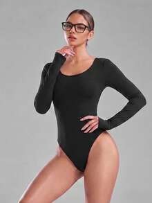 imisic Sexy Long Sleeve Round Neck Hollow Back Design Women's Bodysuit. Essential For Going Out, A Body-Shaping Style. Tight-Fitting Round Neck Long Sleeve Bodysuit, Suitable For Sports, Home And Daily Activities - Black - View 5
