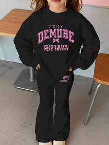Girls Casual Loose Letter Print Sweatshirt Set, Suitable For Autumn/Winter Girls Sports Outfit, Winter Young Girls Set - Black - View 5