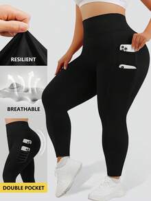 1 Pack All Season Plus Size Thin Fabric Sports Leggings With Double Side Pockets Seamless Waistband Double Layer Tummy Control Women's Sports Black - Black - View 1