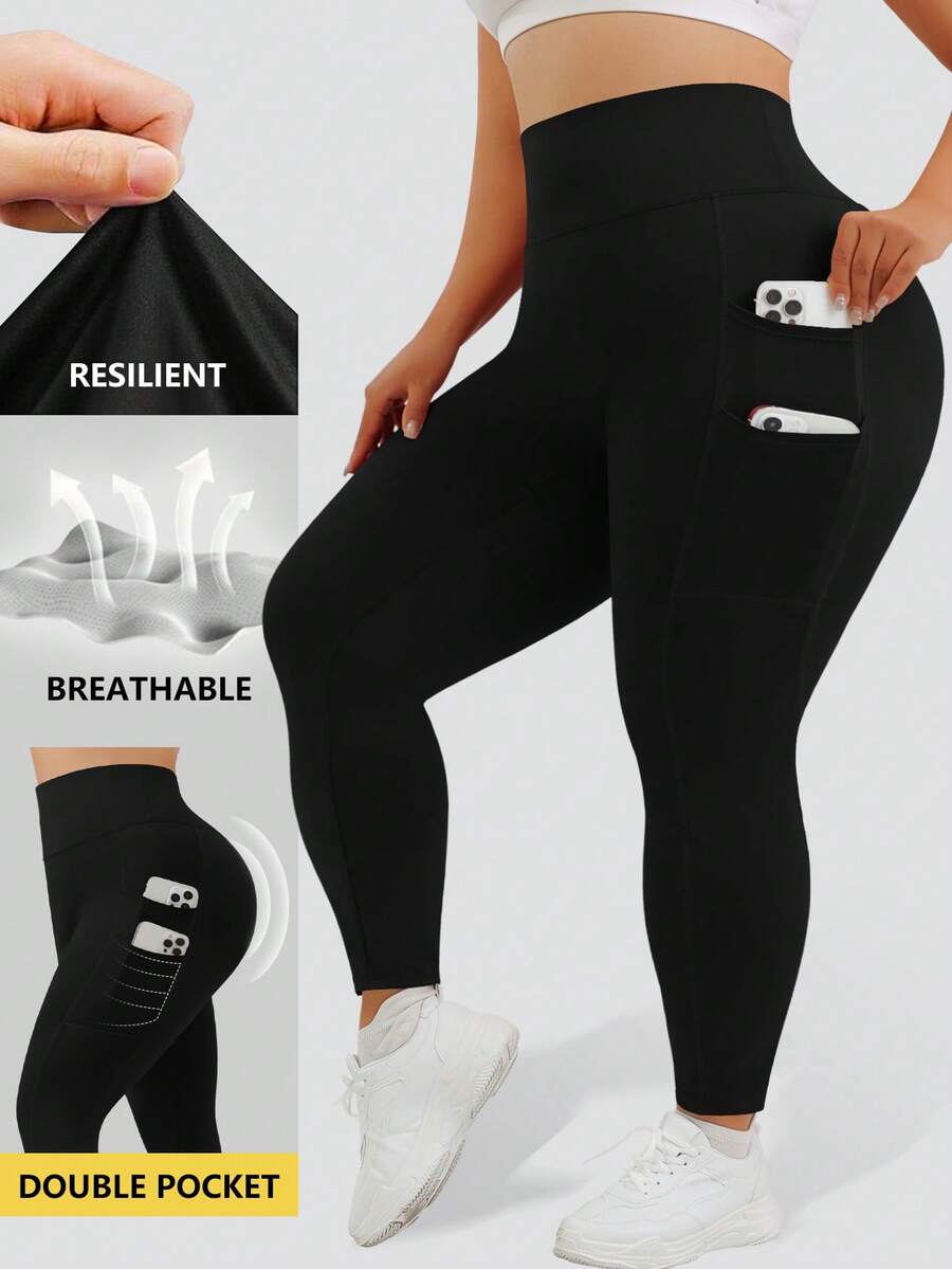 1 Pack All Season Plus Size Thin Fabric Sports Leggings With Double Side Pockets Seamless Waistband Double Layer Tummy Control Women's Sports Black - Black - View 1