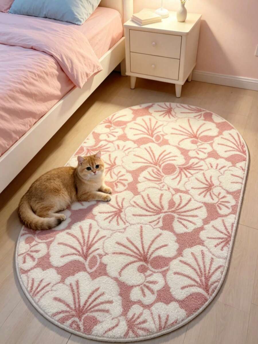 1pc Pink Floral Plush Carpet, Thickened Washable Living Room Rug, Home Decor, Kitchen Rug, Bathroom Rug - Multicolor - View 1