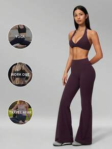 MFVIM Halter Neck Backless Sports Bra, High Waist Butt Lifting Flared Wide Leg Yoga Pants For Women - Ink Purple - View 6