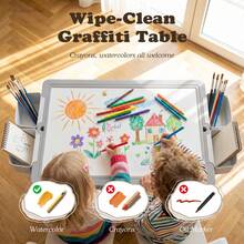 Kinder King Kids Table And Chairs Set, Height Adjustable Children Activity Table W/Storage, Graffiti & Building Blocks Tabletop, Toddler Furniture Set For Classroom, Daycare, Home, Age 3+ - Light Grey - View 10