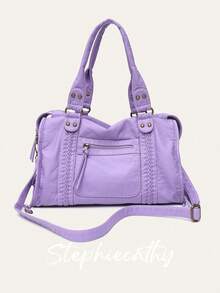 STEPHIECATHY 復古休閒酷街頭風啞光水洗PU皮革拉鍊口袋編織裝飾大號斜挎肩背包，可放13吋筆電，適合女性日常通勤校園旅行 - 紫丁香色 - 查看 2