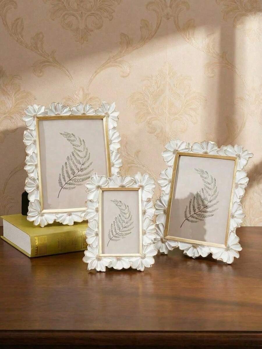 1 Buah Bingkai Foto Dekoratif Resin Putih dengan Pinggiran Emas Bermotif Bunga Daisy 3D, Bingkai Pajangan Foto Persegi, Bingkai Pajangan Foto Meja Rumah yang Hangat, Bingkai Foto Resin Serbaguna Horizontal dan Vertikal, Cocok untuk Dekorasi Foto Rumah dan Properti Fotografi - A - View 1