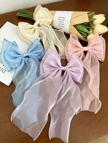 4pcs Sweet Party College Style Fairy-Like Bow Ribbon Hair Clips, Blue Mermaid Tulle Top Clip, Elegant Mesh Duckbill Hair Accessory - Multicolor - View 4