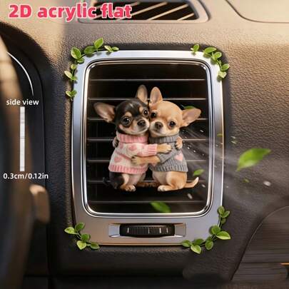 2D Flat 1pc Cute Hugging Chihuahua Pattern Car Air Vent Clip Decor, No Fragrance, With Dual Odorless Sponge Pads, Car Air Freshener, 2D Flat Acrylic Luxury Cartoon Decoration, Fashion Car Interior Accessory, Ideal Holiday Gift, Can Add Your Own Fragrance