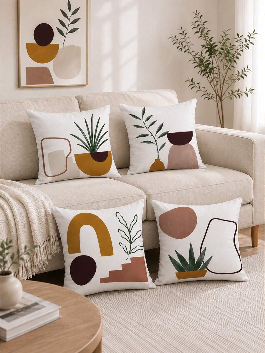 MEMNUN 4 piezas Fundas de almohada con estampado de plantas de bloques de color geométricos abstractos bohemios [Sin relleno de almohada] 40*40cm/45*45cm/50*50cm [Impresión de un solo lado] Hechas de material de poliéster, fundas de cojín decorativas para sofá con arte de línea de planta verde en maceta con bloques de color en forma de arco, decoración de habitación, decoración del hogar, decoración de dormitorio, artículos de decoración de habitación para sofá, sala de estar, dormitorio, coche, oficina, hotel, B&B, fundas de almohada, regalo perfecto para familia y amigos