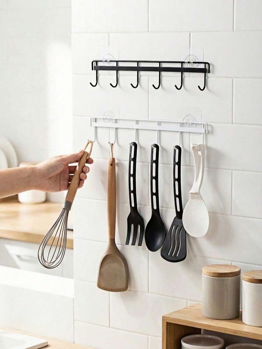 2pcs Adhesive Kitchen Utensil Hook Racks With 6 Hooks – No-Drill Wall-Mounted Organizer