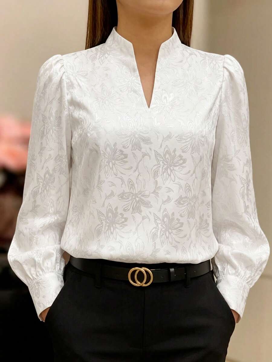 Blus Wanita Kasual Elegan Lengan Panjang Minimalis Warna Putih untuk Musim Semi/Gugur - Putih - View 1