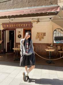 Y6Y Colorblock Grey Ribbon Design Women's 2026 Summer New College Style Soft Fluffy Youthful Loose Knit Long Sleeve Sweater - Grey - View 7