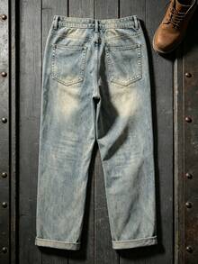 1pc ALL/Global/Universal Loose Fit Thanksgiving Fashion, Minimalist Versatile Men's Denim Jeans - Blue - View 2