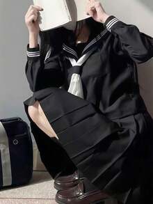 1件裝可愛JK校園制服套裝，附領結，女款水手風校園JK制服，黑色長袖上衣搭配黑色百褶裙，秋季款 - 黑色 - 查看 5