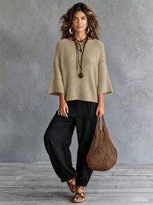 Women's Casual Rib-Knit Pullover Sweater Solid Color Boat Neck Three-Quarter Sleeves Drop Shoulder Knit Top - Khaki - View 1