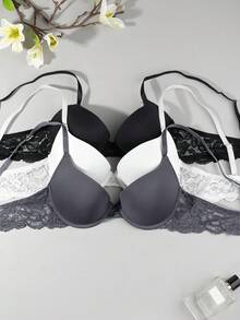 3件組女性性感內衣套裝－奢華加墊聚攏胸罩、薄墊、精緻蕾絲、高支撐、柔軟透氣面料、舒適穿著（建議選擇大一號） - 彩色 - 查看 3
