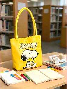 1件 Snoopy 印花黃色帆布托特包，大容量，適合旅行、購物和日常使用，適合作為生日、情人節、返校和畢業季的禮物 - 彩色 - 查看 5