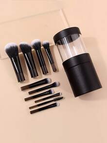 Set completo de 11 piezas de brochas de maquillaje, brochas de rostro y ojos de múltiples formas con vaso de almacenamiento portátil para viajes y tocador - Negro - Ver 5
