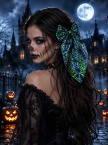 A Halloween Spider-Web Bowknot Hairpin For A Gothic-Style Party Accessory With Flowing Ribbon And Spring Clip. - Green - View 6
