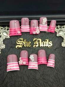 DIY 10pcs Handmade French Tip Medium Long Duck Nails Press On Nails White&Hot Pink Nails Handpainted Lines Y2K Elegant With 3d Handcrafted Flowers Removable Handmade Press On Nail For Party/Beach For Daily Wear & Cosplay With Free Gel Sticker Nail Fi - Multicolor - View 1