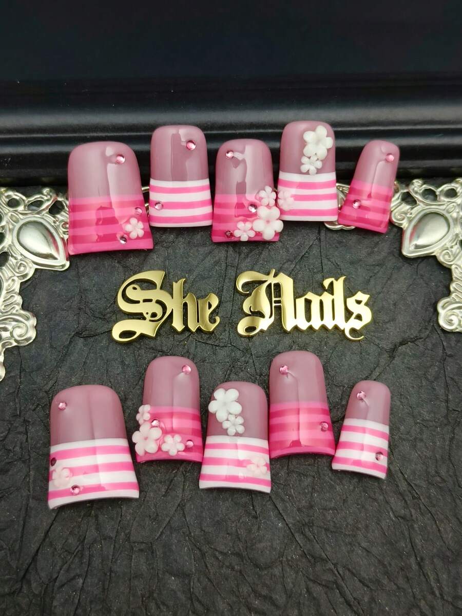 DIY 10pcs Handmade French Tip Medium Long Duck Nails Press On Nails White&Hot Pink Nails Handpainted Lines Y2K Elegant With 3d Handcrafted Flowers Removable Handmade Press On Nail For Party/Beach For Daily Wear & Cosplay With Free Gel Sticker Nail Fi - Multicolor - View 1