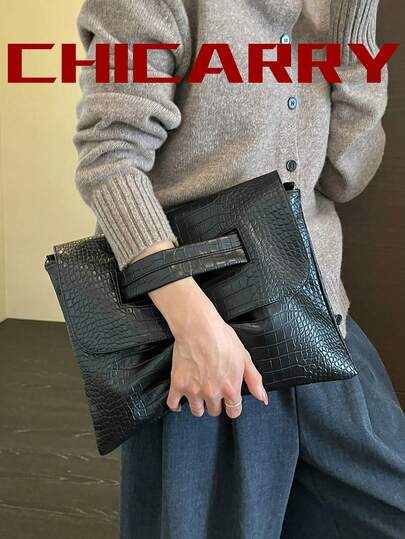 1pc Black Crocodile Embossed PU Leather Portable Large Capacity Clutch Bag, Unisex, Minimalist Elegant Commuter Business Shoulder Bag, Suitable For Office, Commuting, Business Travel Storage, Document Bag, Envelope Bag