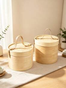 Natural Bamboo Woven Gift Box With Leather Handle, Round Handheld Storage Basket, Reusable Holiday Gift Packaging Box, Wedding Gift, Home Decor - Multicolor - View 4