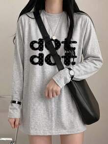 Women's Spring/Autumn Pure Fashion Loose Versatile Letter Cartoon Print Long Sleeve T-Shirt Casual - Light Gray - View 6