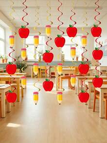 16/2pcs-Back To School Party Decorations, Apple Pencil Spiral Ornament, Rotating Apple And Pencil Garland, No Power Required, Suitable For Classroom, Home Or Office Decoration, Back To School Season Theme Party Welcome Decoration - Pencil Apple Spiral - View 1