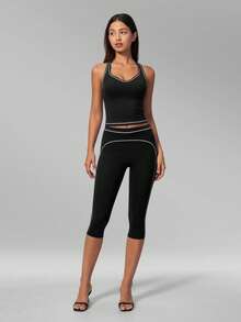 MFVIM Conjunto deportivo de top de tirantes a rayas con bloques de color y leggings cortos ajustados, adecuado para trote diario al aire libre, ciclismo y yoga - Negro premium - Ver 8