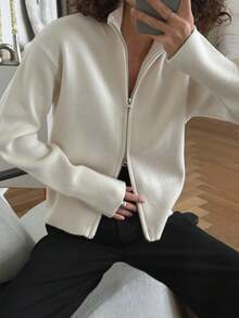 Mori 秋冬女款 Y2K 米色雙向拉鍊立領長袖針織開襟外套，休閒通勤辦公穿搭 - 杏色 - 查看 4