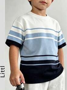 Boys' Striped Colorblock Knit Short Sleeve Burgundy Casual Summer Pullover - Baby Blue - View 8