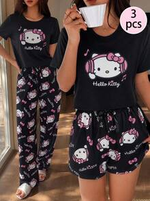 SANRIO KT猫咪耳机印花三件套家居服：露脐上衣+长裤+短裤，亲肤舒适面料，宽松版型，适合日常、居家和休闲穿着。 - 黑色 - 查看 1