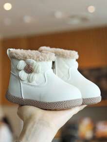 1 Pair Baby Boots With Handmade Knitted Floral Decoration On The Side, Sweet And Cute. Non-Slip Rubber Sole, Strong Grip, Stable Walking And Less Likely To Fall - Beige - View 5