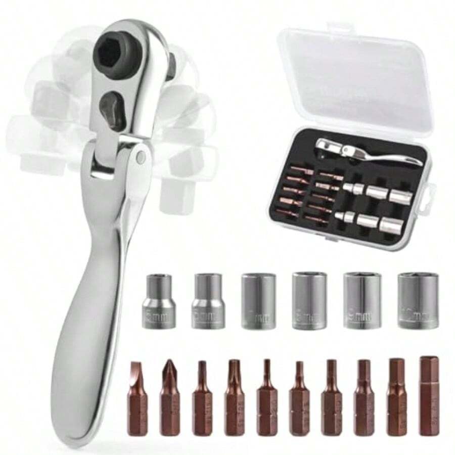 Mini Ratchet Screwdriver Set, Right Angle Screwdriver Set With 1/4 Mini Flex Ratchet Wrench And Bits Sockets For Tight Spaces Ratchet Wrench With Bits And Socket - Silver - View 1