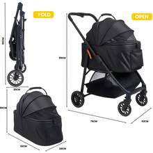 Foldable 2-In-1 Pet Stroller For Cats & Small Dogs – Lightweight 4-Wheel Trolley With Adjustable Canopy, Breathable Mesh Panels, Storage Compartment & Included Carry Bag – Compact Design For Walks, Travel & Outdoor Adventures (Black) - 單層附收納籃 - 查看 6