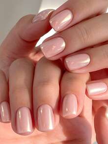 24pcs Medium Square Press-On Nails, Minimalist Fresh Light Pink Pearl Glossy Classic Elegant Pearlescent Design Pink Nails, Includes 1 Sheet Jelly Glue And 1 Nail File (Jelly Glue Randomly Shipped), Suitable For Women And Girls For Daily, Dating, Party And Other Occasions - Baby Pink - View 1