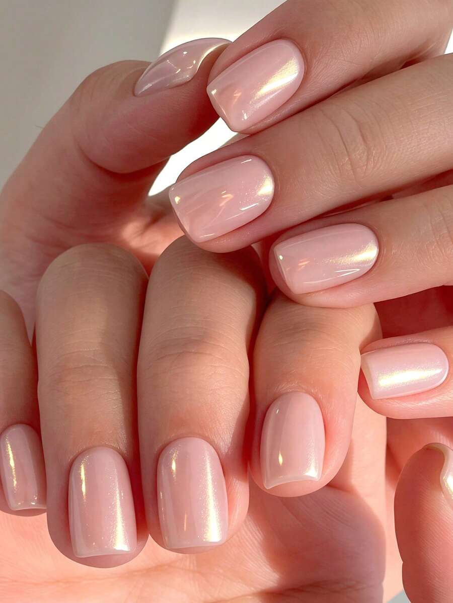 24pcs Medium Square Press-On Nails, Minimalist Fresh Light Pink Pearl Glossy Classic Elegant Pearlescent Design Pink Nails, Includes 1 Sheet Jelly Glue And 1 Nail File (Jelly Glue Randomly Shipped), Suitable For Women And Girls For Daily, Dating, Party And Other Occasions - Baby Pink - View 1