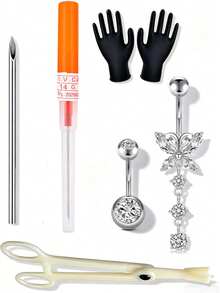 Kit de perforación del ombligo de 6 piezas, incluye anillos para el ombligo de 14G, pinza de perforación y agujas de perforación de 14G - Blanco - Ver 10
