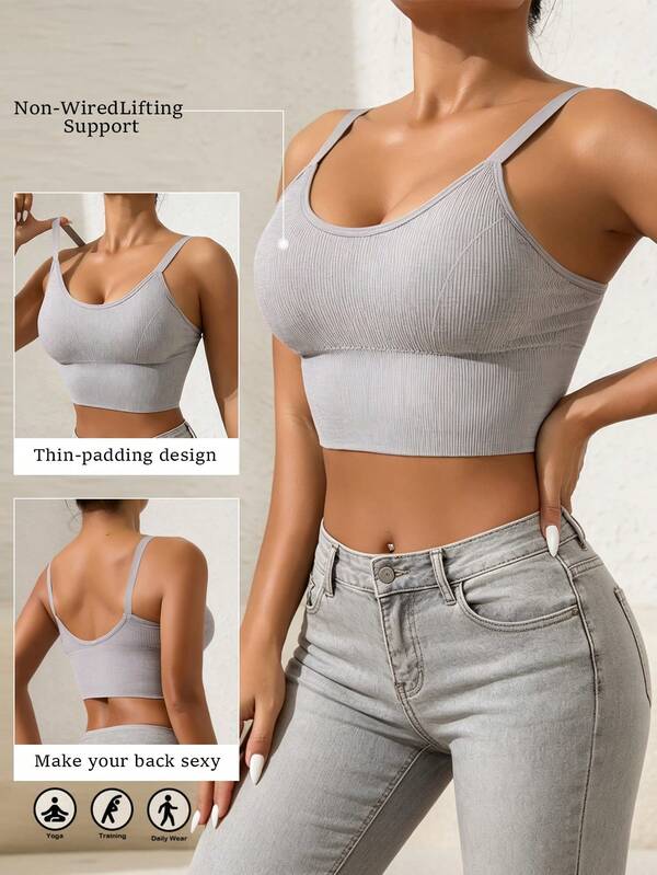 1pc Solid Color Women's Sports Bra, Removable Padding Fitness Yoga Backless Comfortable Sports Underwear