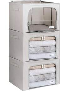 4CONVY Kleideraufbewahrungsbox mitßverschluss und Metallrahmen - Große Faltbare Stapelbare Aufbewahrungsbox - 3 x 66L Aufbewahrungstaschen - Kleiderbox für Bettdecken und Kleidung YNCE - Grau - Übersicht 8
