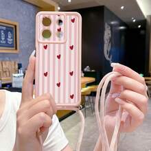 1pc Fashionable Minimalist Heart Stripe Pattern With Adjustable Shoulder Strap Hemp Rope Pink Eye Stair Diamond Sand Phone Case For Android S26Ultra S25Ultra S24Ultra S23Ultra/ A54 A55 A57 A37/ Note 14 Pro 5G/HONOR/, Anti-Drop Anti-Slip Phone Case - Pink - View 7