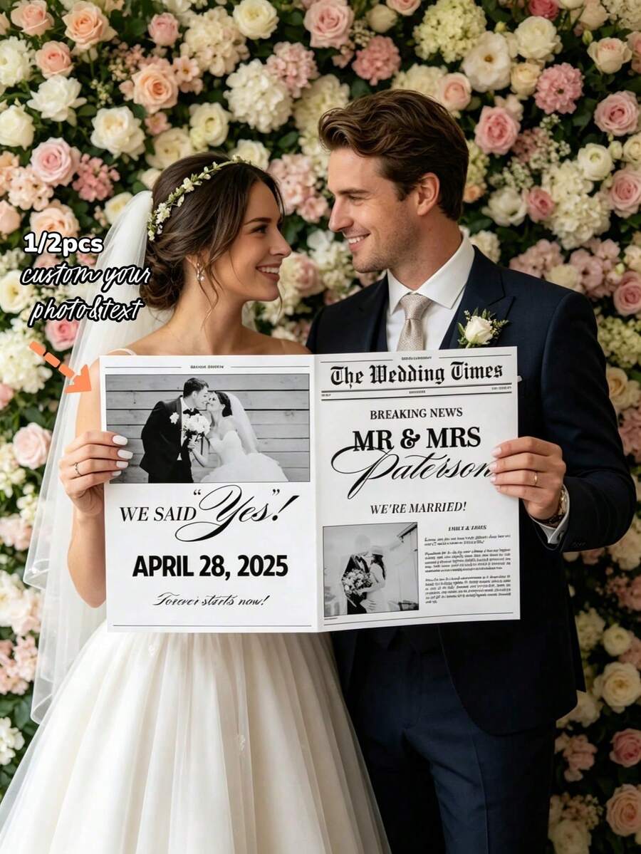 1/2pcs Customizable Wedding Newspaper Poster, With Photo And Text, Printable Wedding Announcement, Wedding Keepsake, Engagement Or Bridal Shower Decoration, Newlywed Party Prop, Romantic Wedding Celebration, Wedding Souvenir - Multicolor - View 1