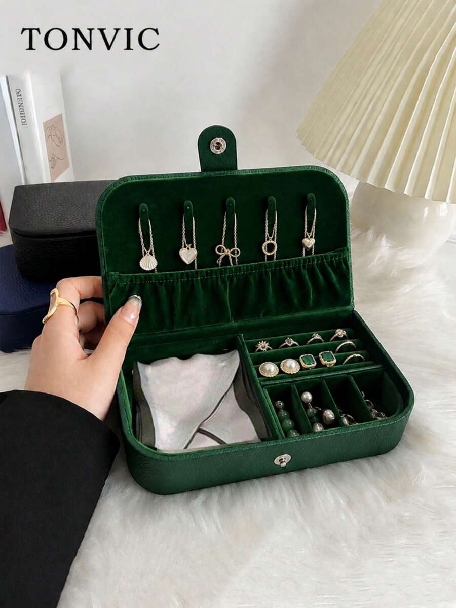 TONVIC 1PC Portable PU Jewelry Organizer Box For Bracelets, Necklaces, Earrings, Rings - Green - View 1
