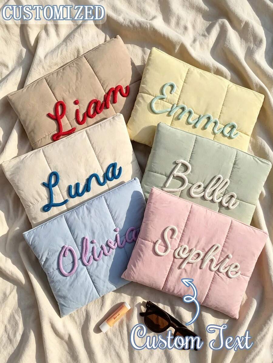 Personalized Name Quilted Laptop Sleeve, Custom 3D Yarn Letter Padded Tablet Bag, Soft Lightweight Zipper Pouch For Travel Pool Beach Office, Custom Name Makeup Storage Bag, Unique Custom Housewarming Graduation Gift - Multicolor - View 1
