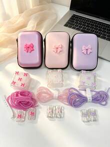 6pcs Pearl Bow Data Cable Protector Set With Bow Storage Bag, Compatible With Hard Shell CCD Camera, Earphones, Power Bank, Charging Cable Organizer, Glitter Bow Data Cable Protector, Wavy Cable Winder, Practical Daily Travel Accessories For Students, Multiple Colors Available - Multicolor - View 2